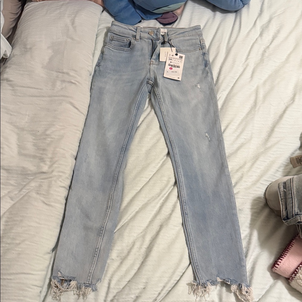 Zara Light Blue Skinny Jeans with Frayed Hem